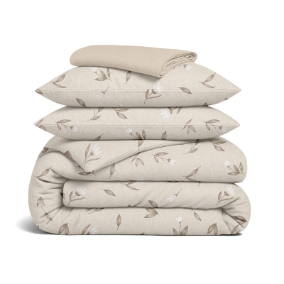 Полуторна постільна білизна фланель з простирадлом на резинці BEIGE FLORAL CS1