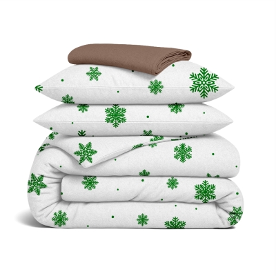 Сімейний комплект фланель з простирадлом на резинці SNOWFLAKES EVERGREEN CS7