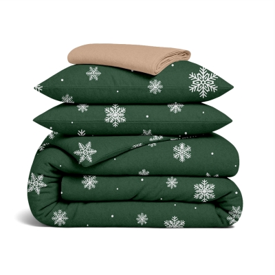 Двоспальна постільна білизна фланель з простирадлом на резинці SNOWFLAKES FOREST CS1