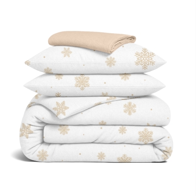 Двоспальна постільна білизна фланель з простирадлом на резинці SNOWFLAKES GOLD CS2