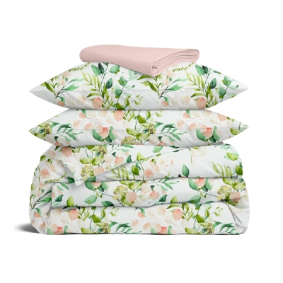 Двоспальна постільна білизна з простирадлом на резинці FLORAL LEAVES CS2