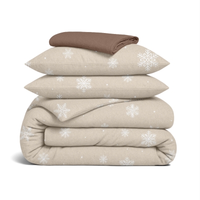 Сімейний комплект фланель з простирадлом на резинці SNOWFLAKES LATTE CS2