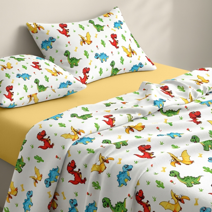 Підліткова постільна білизна фланель з простирадлом на резинці COLORFUL DINO CS2