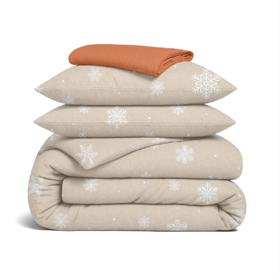 Двоспальна постільна білизна фланель з простирадлом на резинці SNOWFLAKES LATTE CS1
