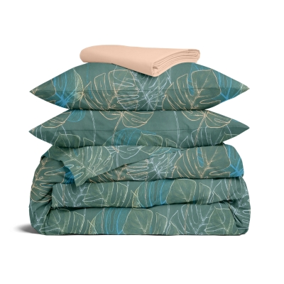 Сімейна постільна білизна сатин з простирадлом на резинці TROPICAL CALM CS7