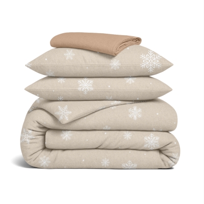 Сімейний комплект фланель з простирадлом на резинці SNOWFLAKES LATTE CS3