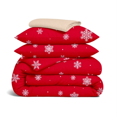 Сімейний комплект фланель з простирадлом на резинці SNOWFLAKES CRANBERRY CS5