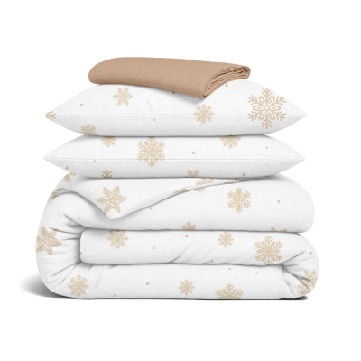 Євро постільна білизна фланель з простирадлом на резинці SNOWFLAKES GOLD CS3