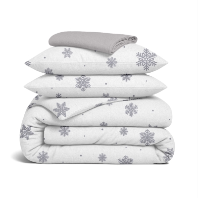 Сімейний комплект фланель з простирадлом на резинці SNOWFLAKES SILVER CS2
