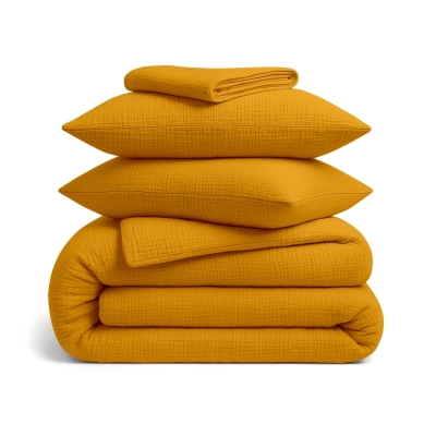 Полуторна постільна білизна муслін з простирадлом на резинці ORANGE