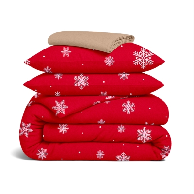 Сімейний комплект фланель з простирадлом на резинці SNOWFLAKES CRANBERRY CS6