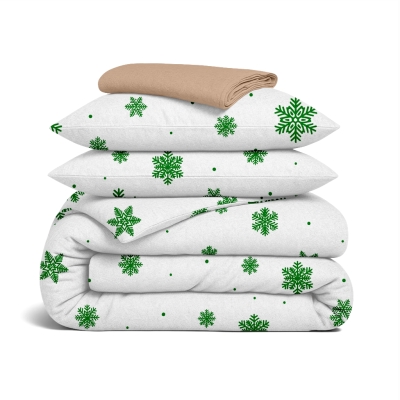 Сімейний комплект фланель з простирадлом на резинці SNOWFLAKES EVERGREEN CS2