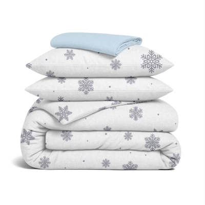 Сімейний комплект фланель з простирадлом на резинці SNOWFLAKES SILVER CS3