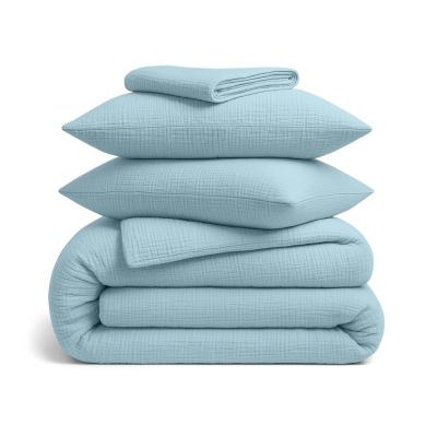 Полуторна постільна білизна муслін з простирадлом на резинці AQUAMARINE