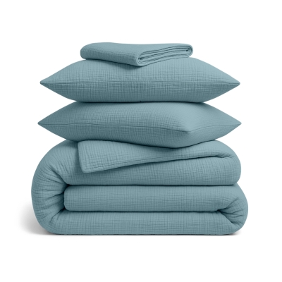 Двоспальна постільна білизна муслін з простирадлом на резинці AZURE