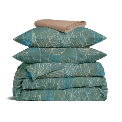 Двоспальна постільна білизна сатин з простирадлом на резинці TROPICAL CALM CS2