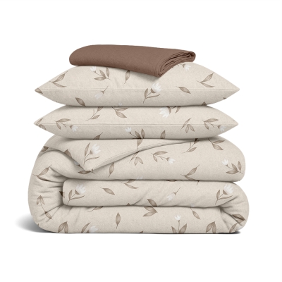 Двоспальна постільна білизна фланель з простирадлом на резинці BEIGE FLORAL CS2