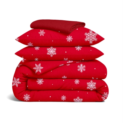 Сімейний комплект фланель з простирадлом на резинці SNOWFLAKES CRANBERRY CS7