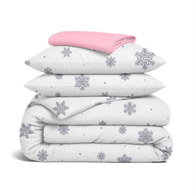 Сімейний комплект фланель з простирадлом на резинці SNOWFLAKES SILVER CS4