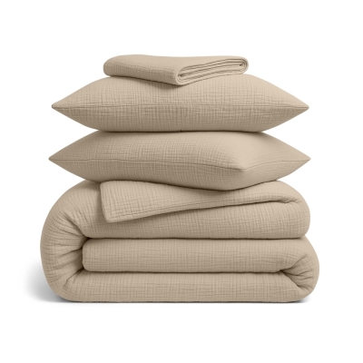 Полуторна постільна білизна муслін з простирадлом на резинці BEIGE