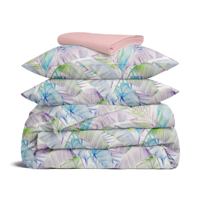 Євро постільна білизна з простирадлом на резинці PASTEL PALMS