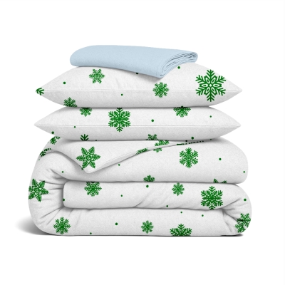 Сімейний комплект фланель з простирадлом на резинці SNOWFLAKES EVERGREEN CS4