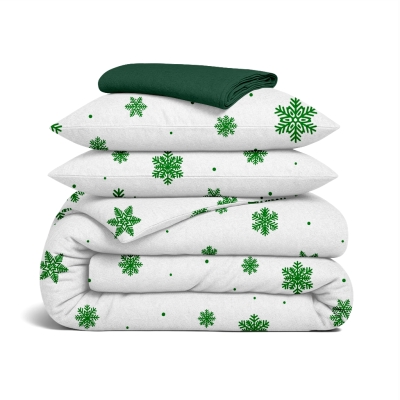 Сімейний комплект фланель з простирадлом на резинці SNOWFLAKES EVERGREEN CS5