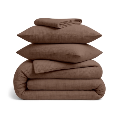 Полуторна постільна білизна муслін з простирадлом на резинці CARAMEL