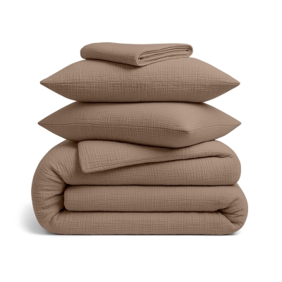 Двоспальна постільна білизна муслін з простирадлом на резинці BROWN CS1