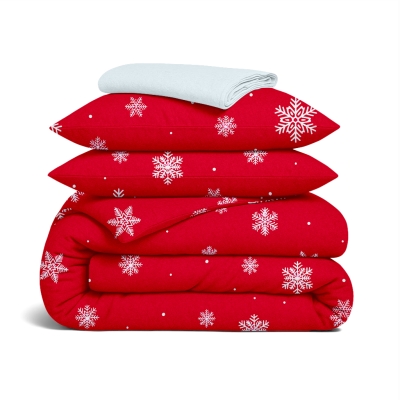 Сімейний комплект фланель з простирадлом на резинці SNOWFLAKES CRANBERRY