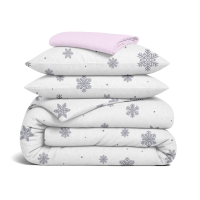 Двоспальна постільна білизна фланель з простирадлом на резинці SNOWFLAKES SILVER CS5