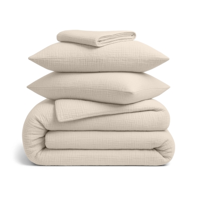 Сімейна преміум постільна білизна муслін з простирадлом на резинці CAPPUCCINO